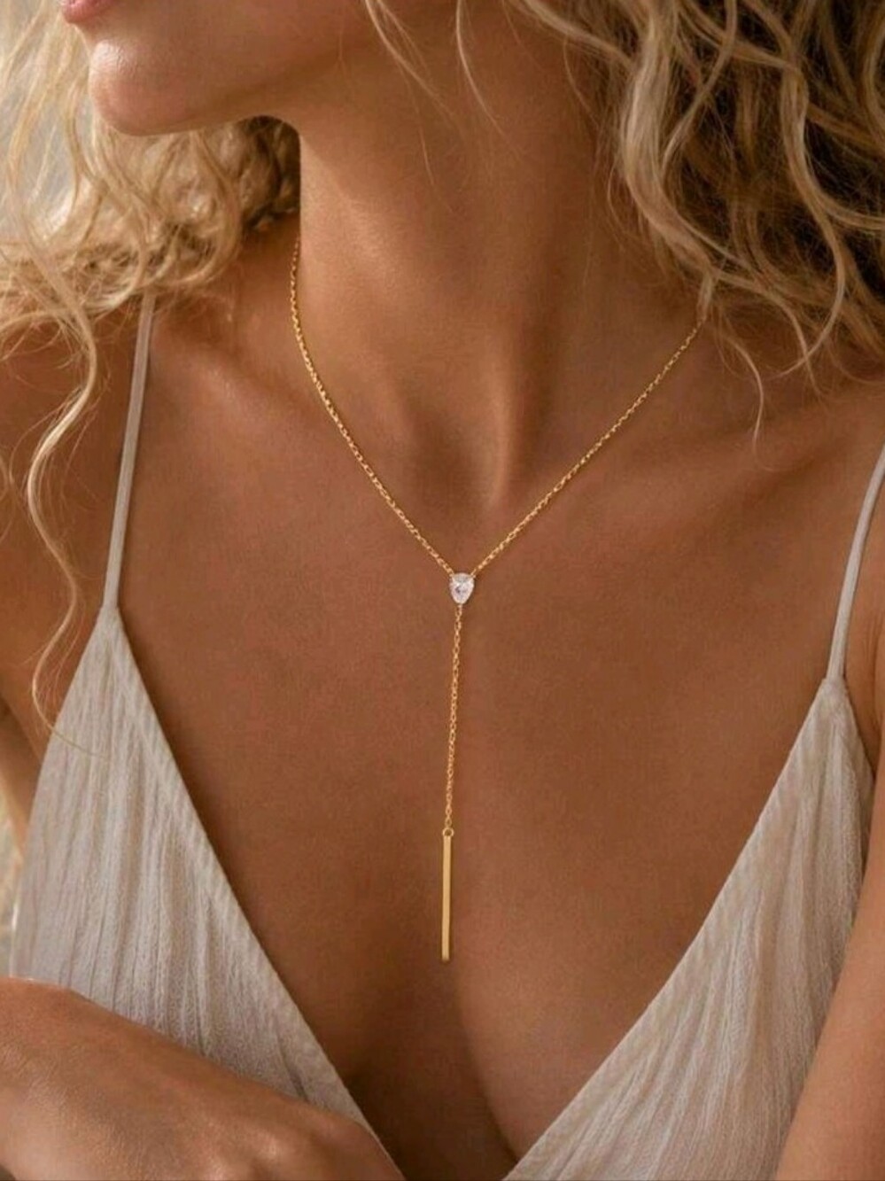 NEW! Trendy Delicate Cz Cubic Zirconia Teardrop & Bar Gold Lariat Necklace